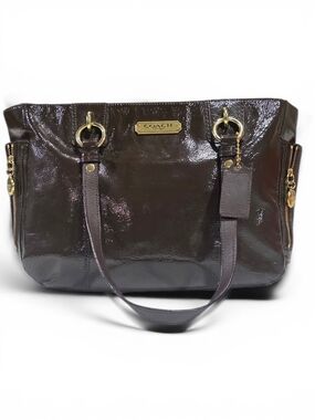 Coach Patent Leather Shoulder Tote in Dark Brown with Gold Hardware